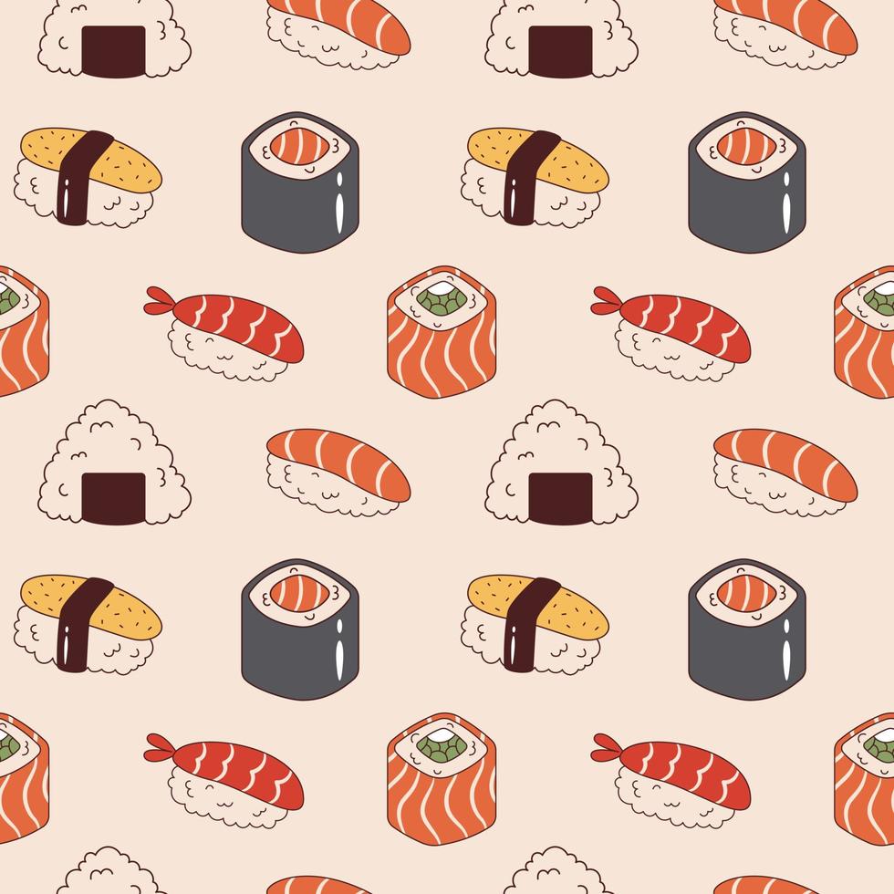 Vector seamless pattern with sushi and onigiri. Background with sake sushi, ebi nigiri, philadelphia and maki sushi roll. Asian food.