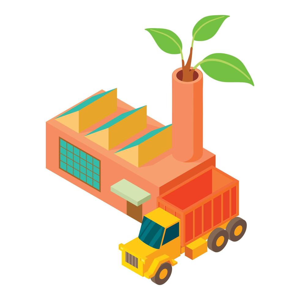 Green production icon isometric vector. Truck near factory building with branch vector