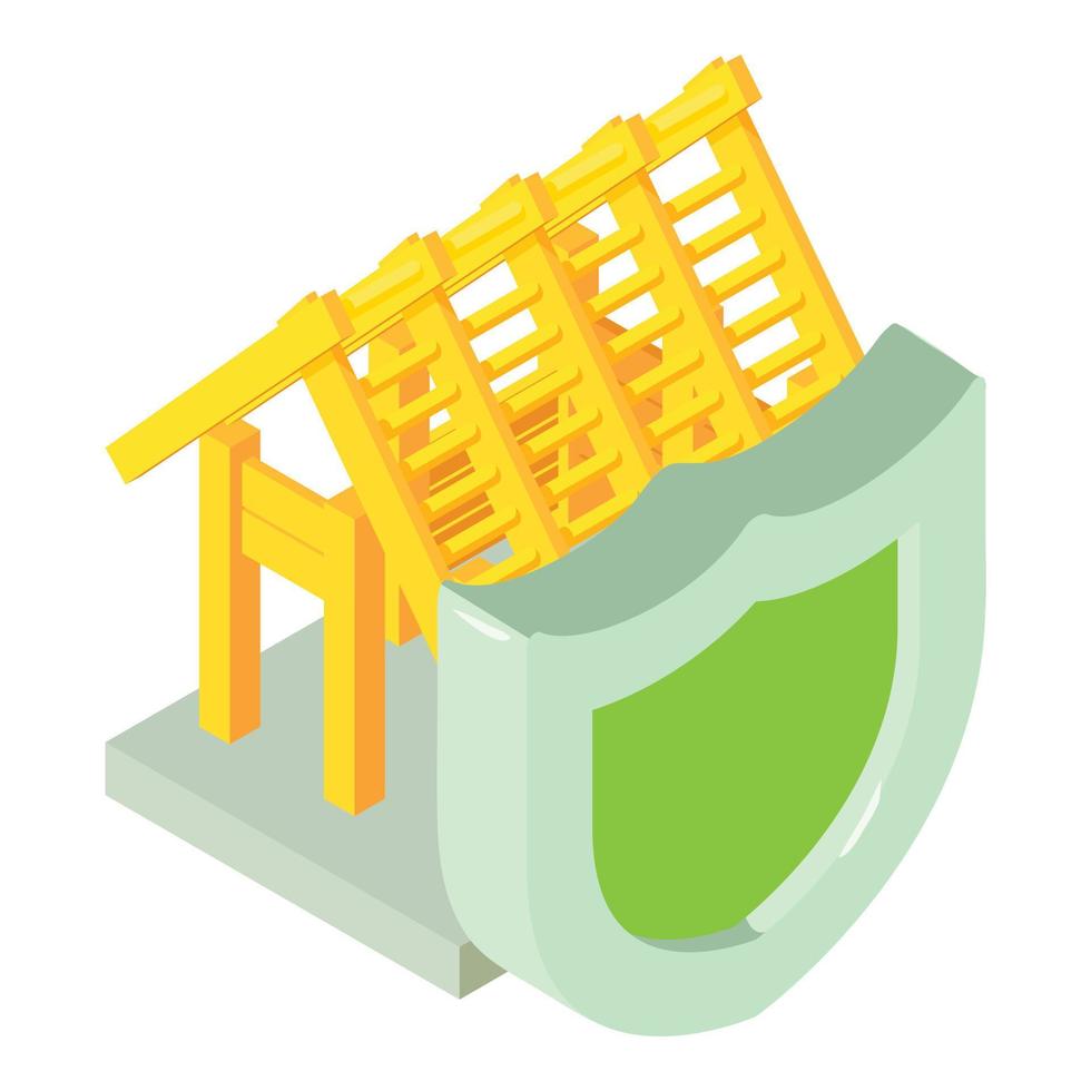 Eco building icon isometric vector. Shield on wooden building frame background vector