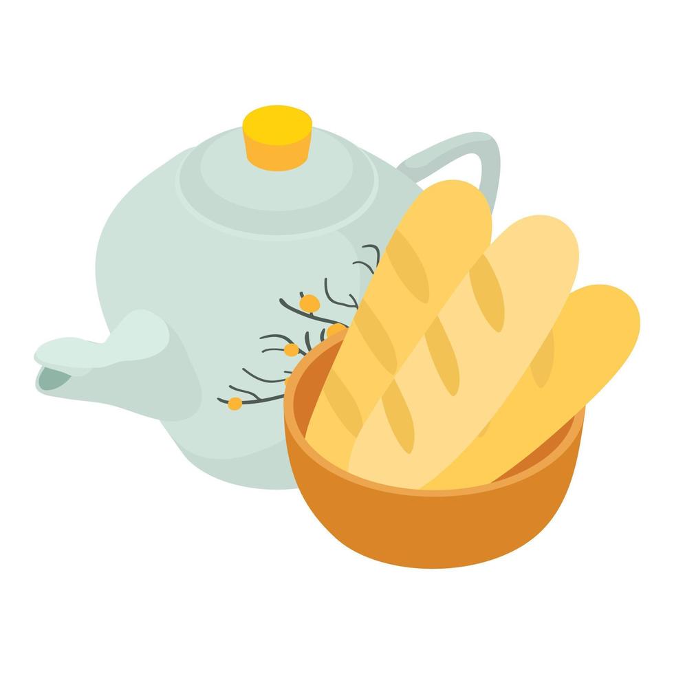 Traditional breakfast icon isometric vector. Porcelain teapot and bread baguette vector