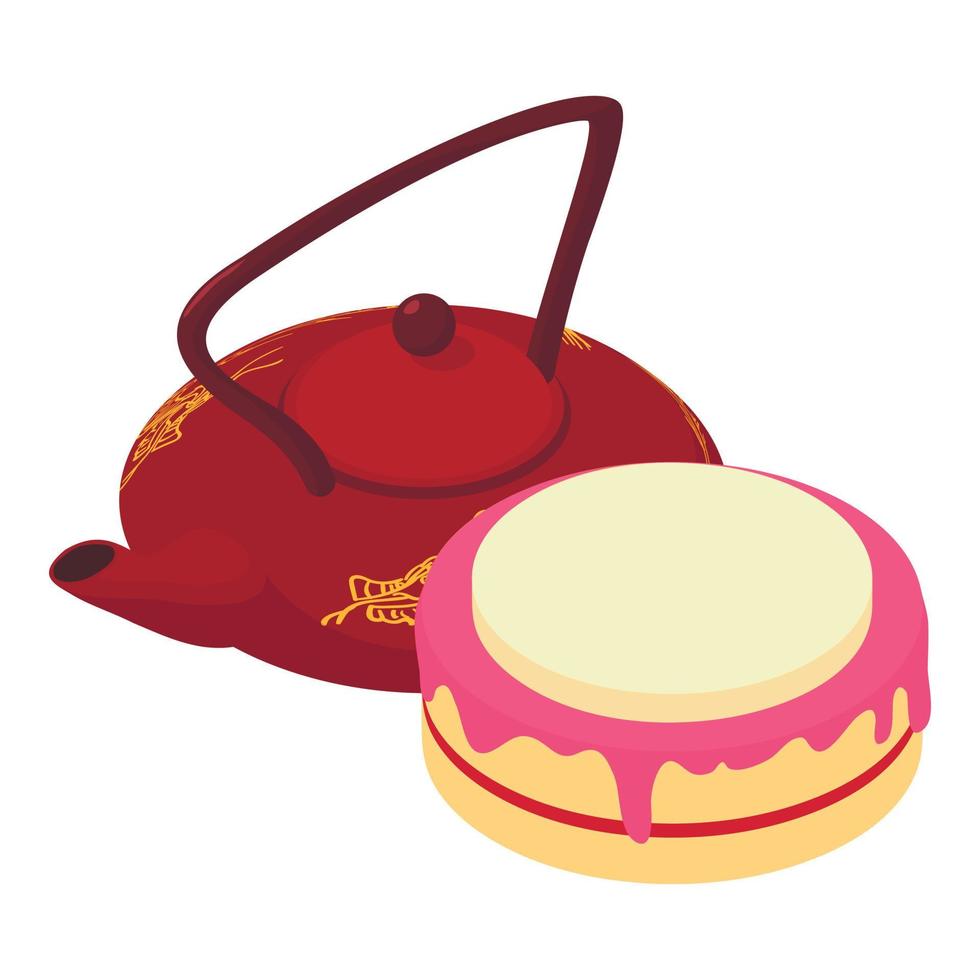 Asian tea icon isometric vector. Traditional cast iron teapot and fruit biscuit vector