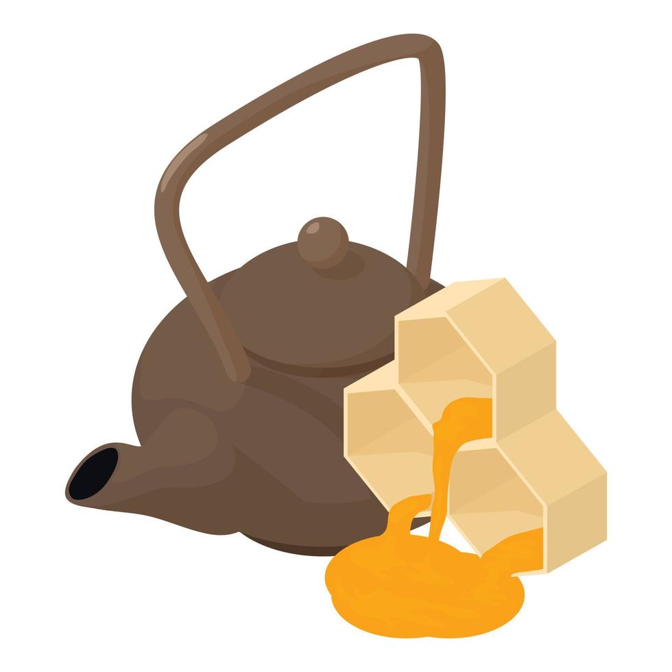 Honey dessert icon isometric vector. Cast iron teapot and honeycomb with honey vector