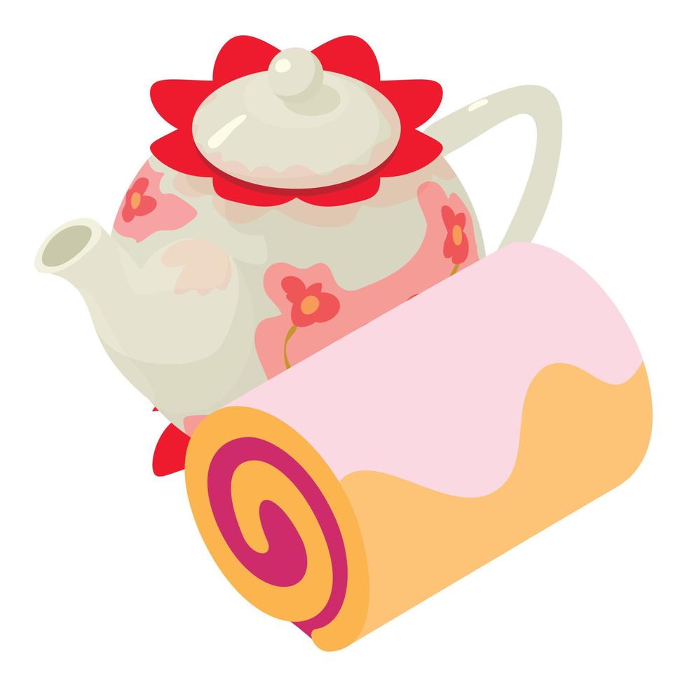 Holiday dessert icon isometric vector. Porcelain teapot and fruit biscuit roll vector