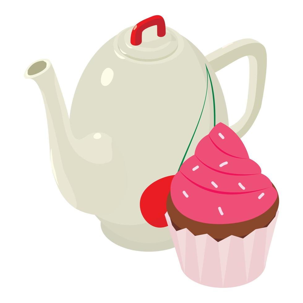 icono de té de frutas vector isométrico. tetera de porcelana blanca y muffin de chocolate