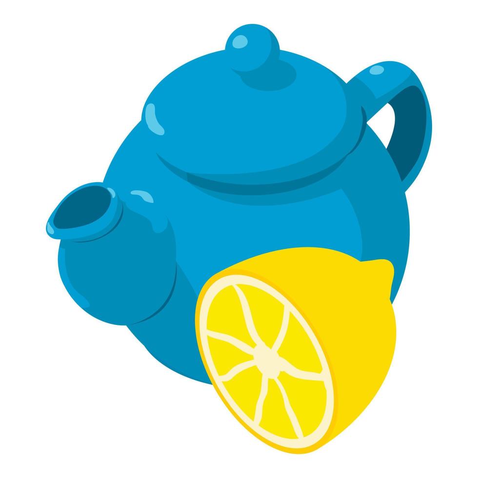 Lemon tea icon isometric vector. Blue porcelain teapot and fresh lemon half icon vector
