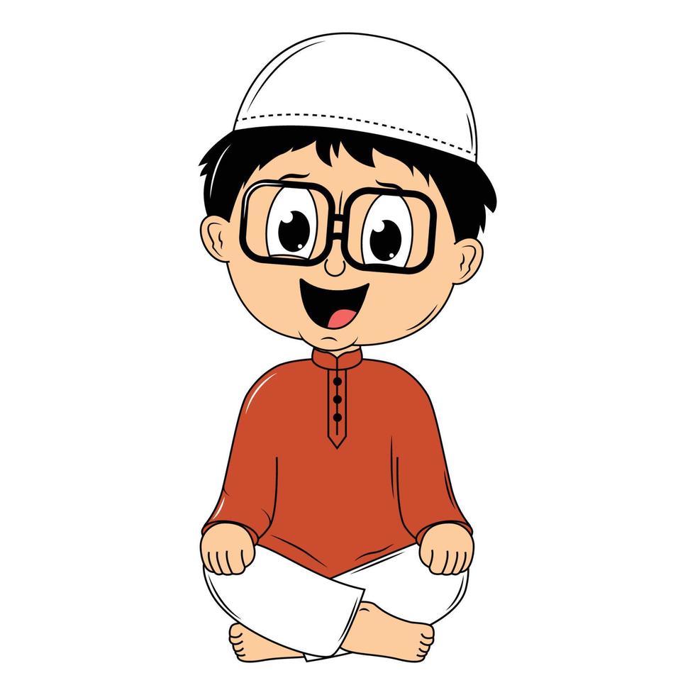 happy muslim kid cartoon illustration vector