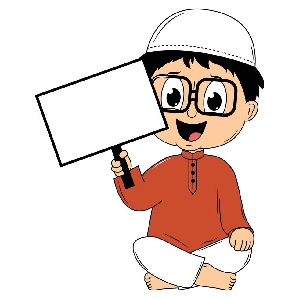 happy muslim kid cartoon illustration vector