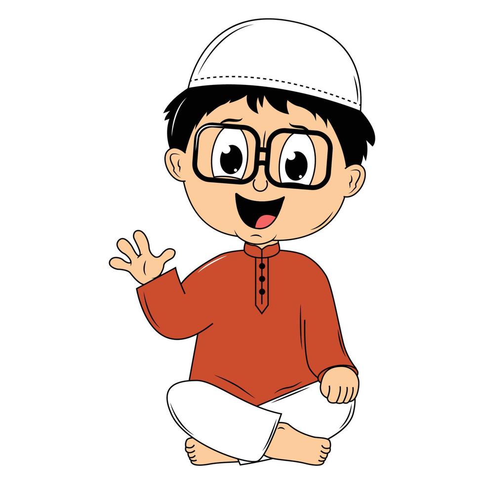 happy muslim kid cartoon illustration vector