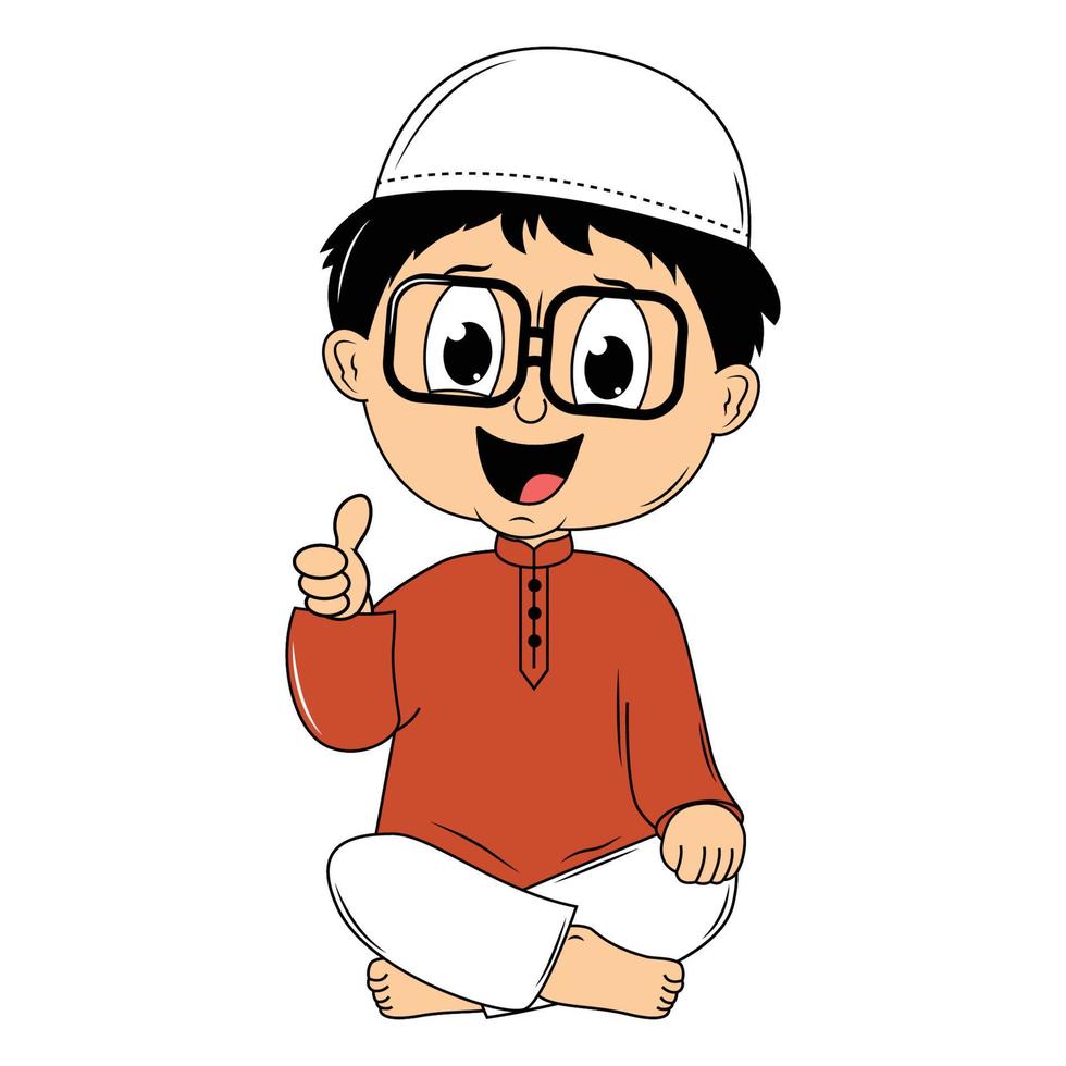 happy muslim kid cartoon illustration vector