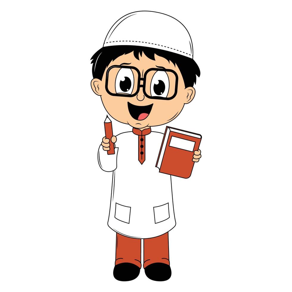 happy muslim kid cartoon illustration vector