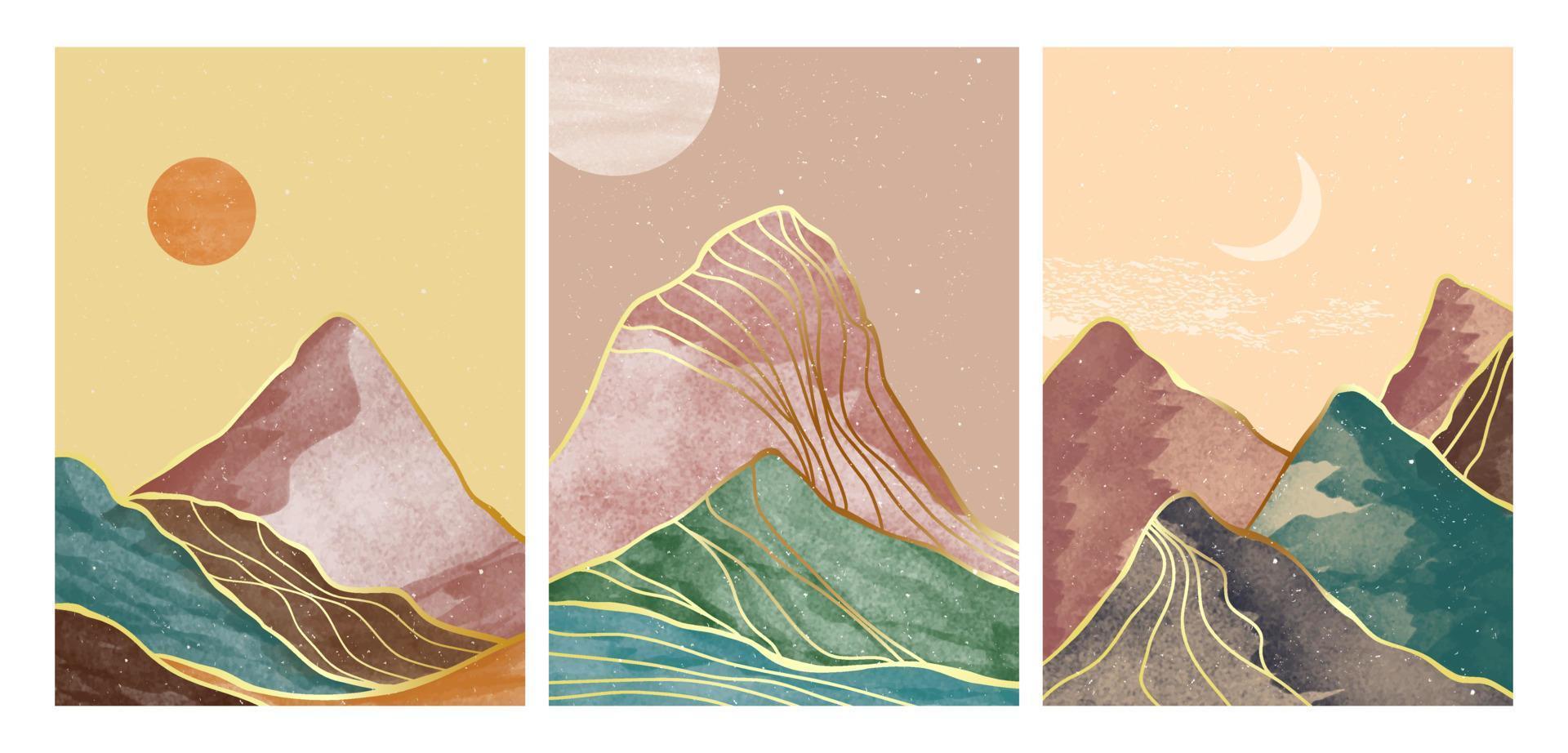 conjunto de ilustraciones creativas minimalistas pintadas a mano de mediados de siglo moderno. fondo de paisaje abstracto natural. montaña, bosque, cielo, sol y río vector