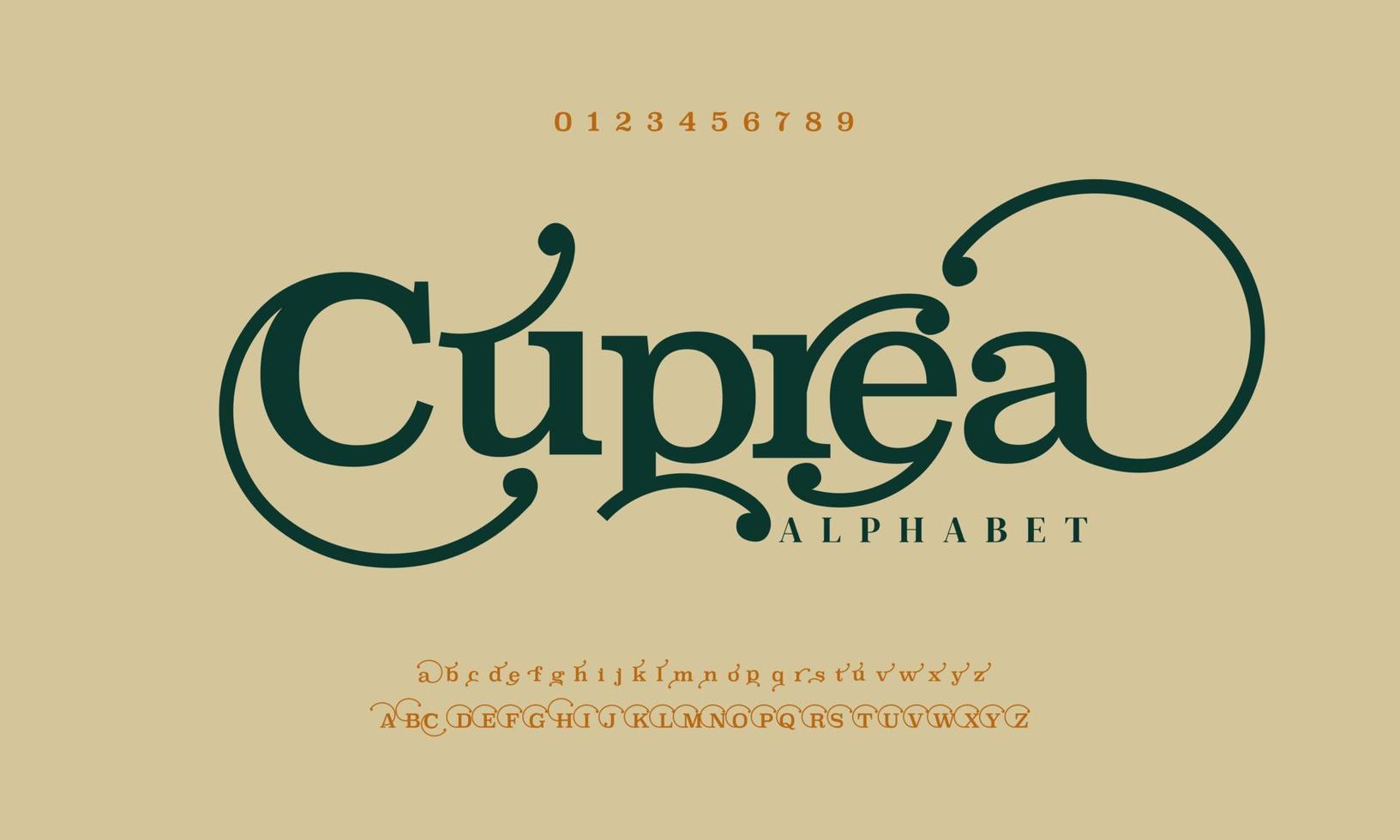 Cuprea luxury wedding font alphabet. Typography swirl typeface uppercase lowercase and number. vector illustration