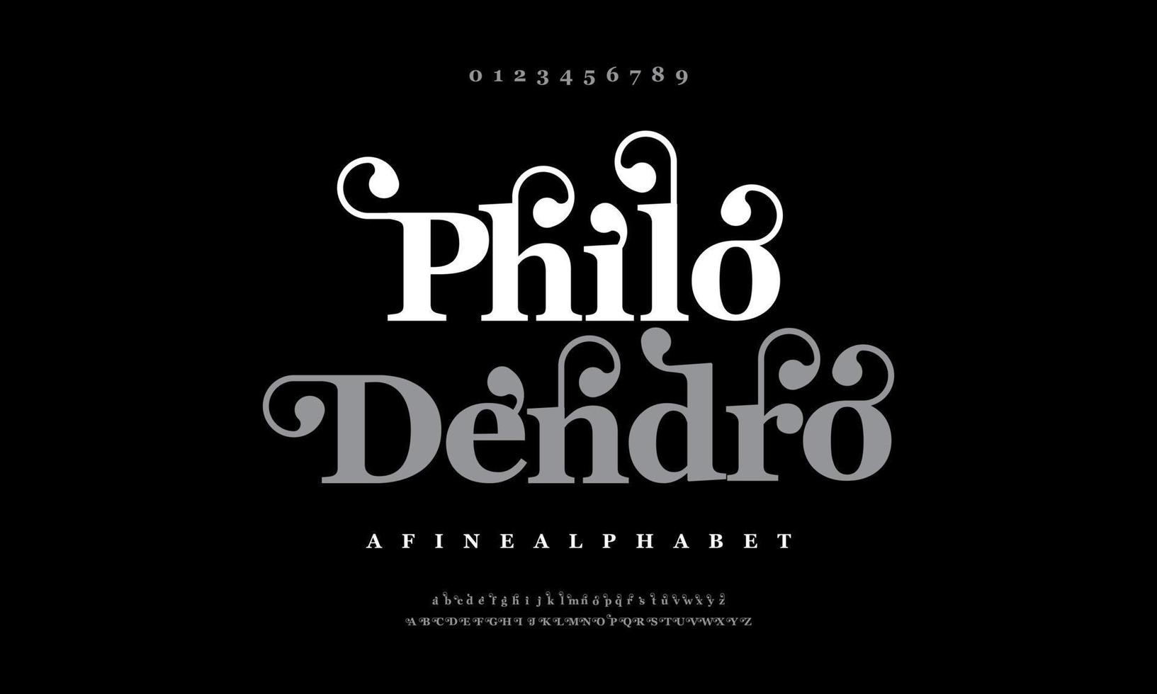 Philodendro luxury typeface font alphabet. Typography swirl typeface uppercase lowercase and number. vector illustration