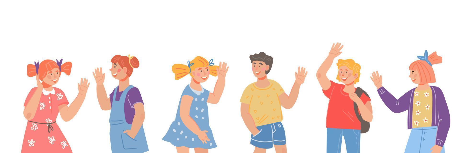 Cute children characters waving hands in greeting gesture. Childrten happy to see elementary school friends or s, kindergarten maters. Kids saying Hi vector