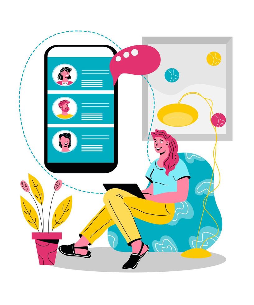 People chatting online via computer networking, social media communication and internet connection, online chat or virtual conference, cartoon vector illustration isolated.