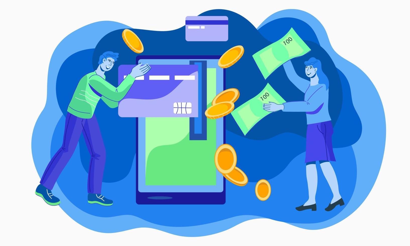 Mobile payment and online banking with people characters withdrawing cash and paying online. Credit card and money transfer. Vector illustration isolated.