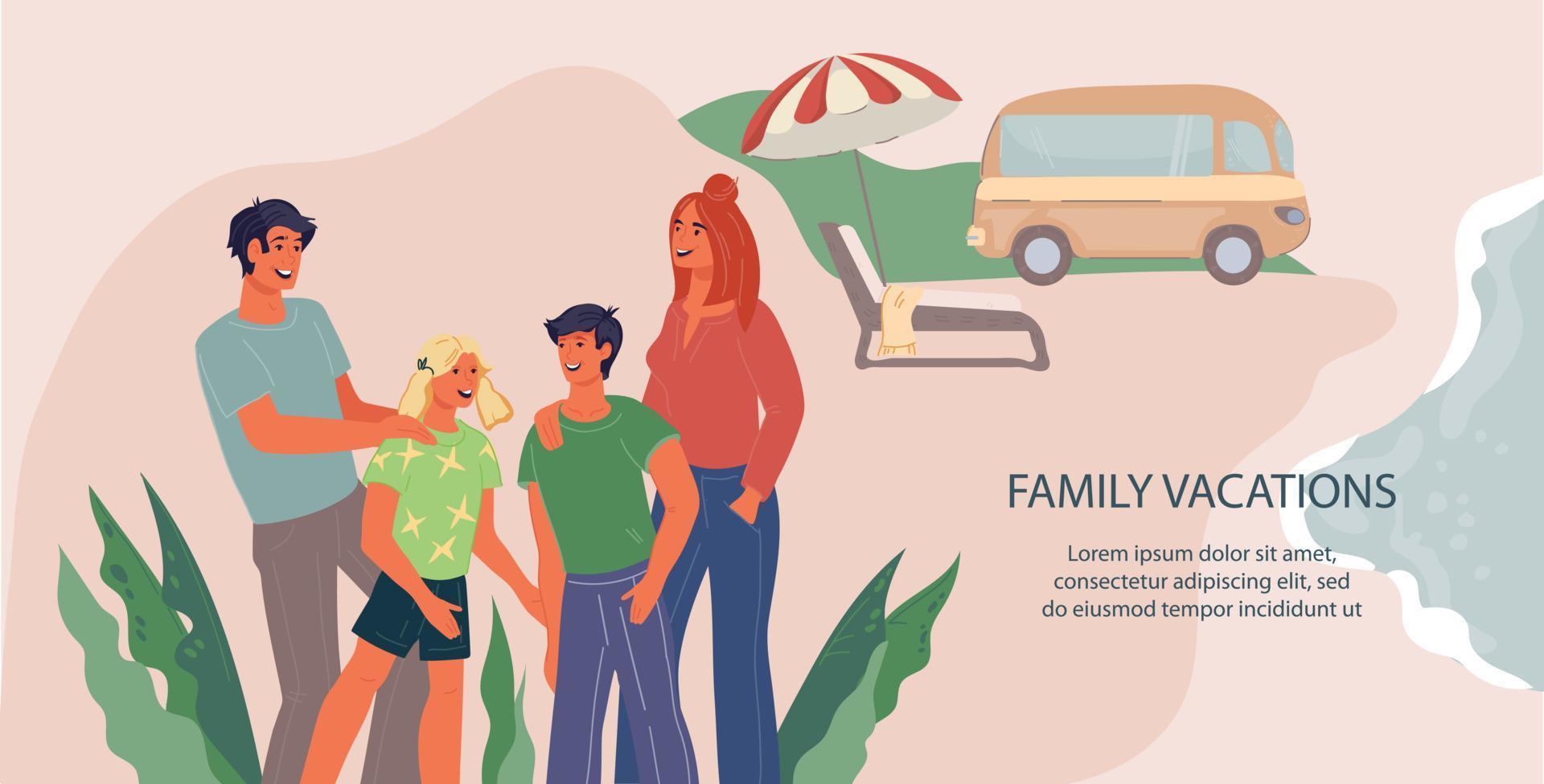 Plantilla de banner web de vacaciones familiares, viajes de verano y viajes en automóvil con personajes felices de miembros de la familia. aventura de verano y descanso para acampar, ilustración vectorial plana. vector