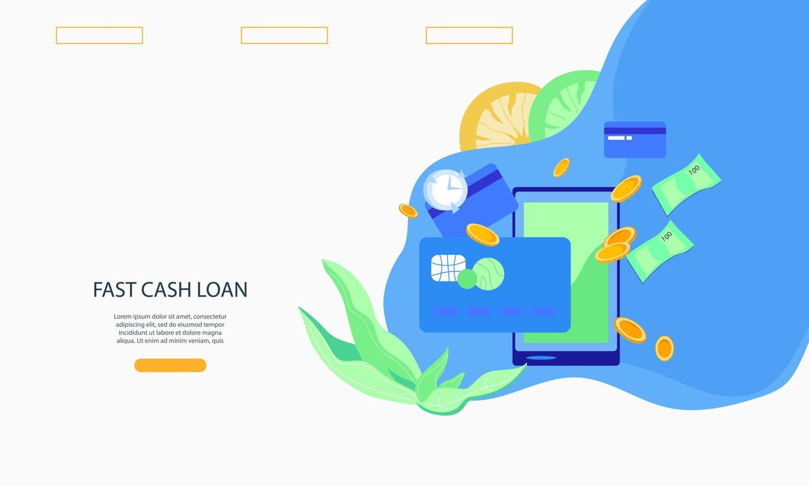 Fast cash loan and quick money website page template with phone screen and coins, flat vector illustration. Landing page for fast credit and mortgage.