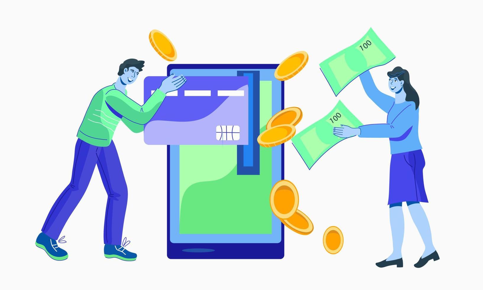 Mobile payment concept with people characters withdrawing cash and paying online. Credit card and account banking operations, money transfer. Vector illustration isolated.