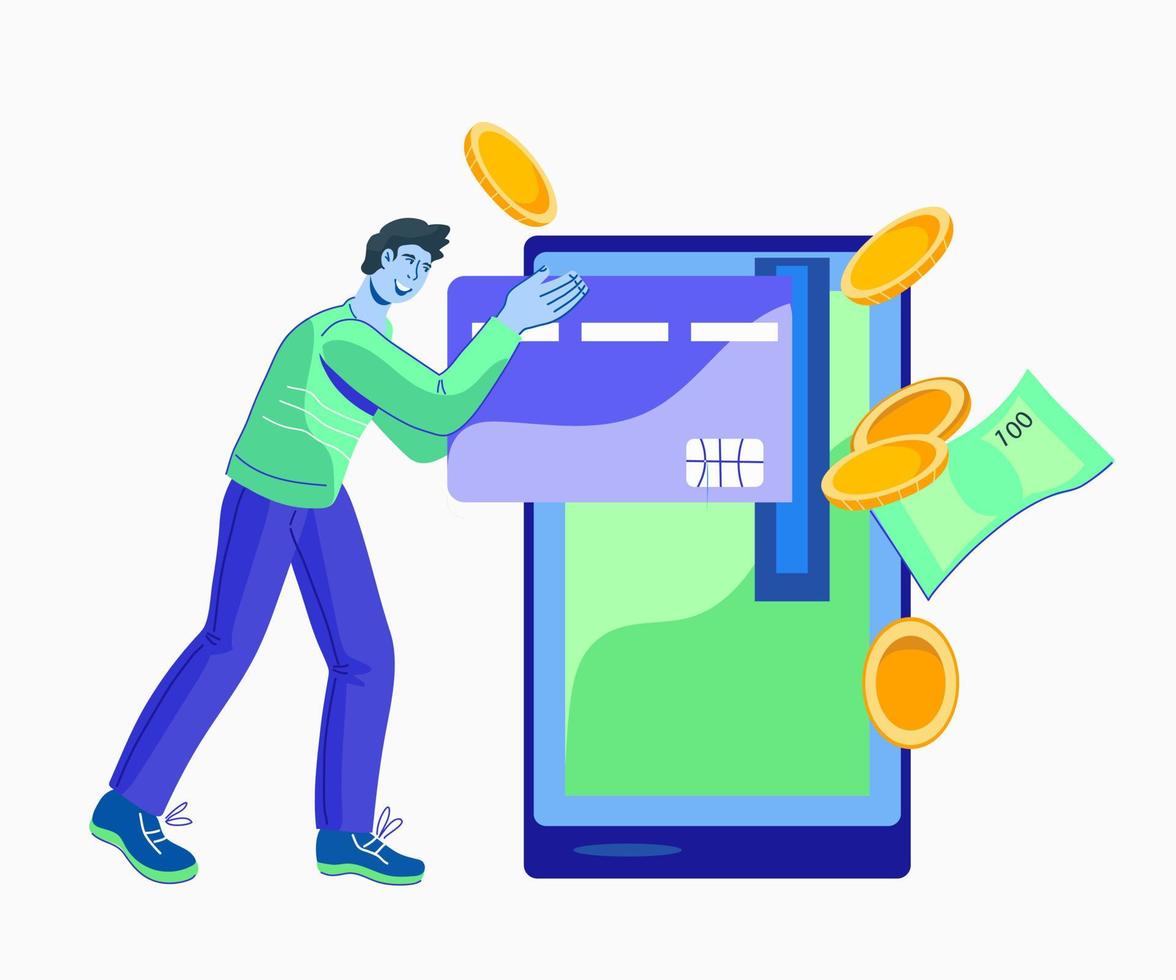 Online payment using mobile application concept with man character withdrawing cash and paying with cell phone. Online credit card and account money transfer. Flat vector illustration isolated.
