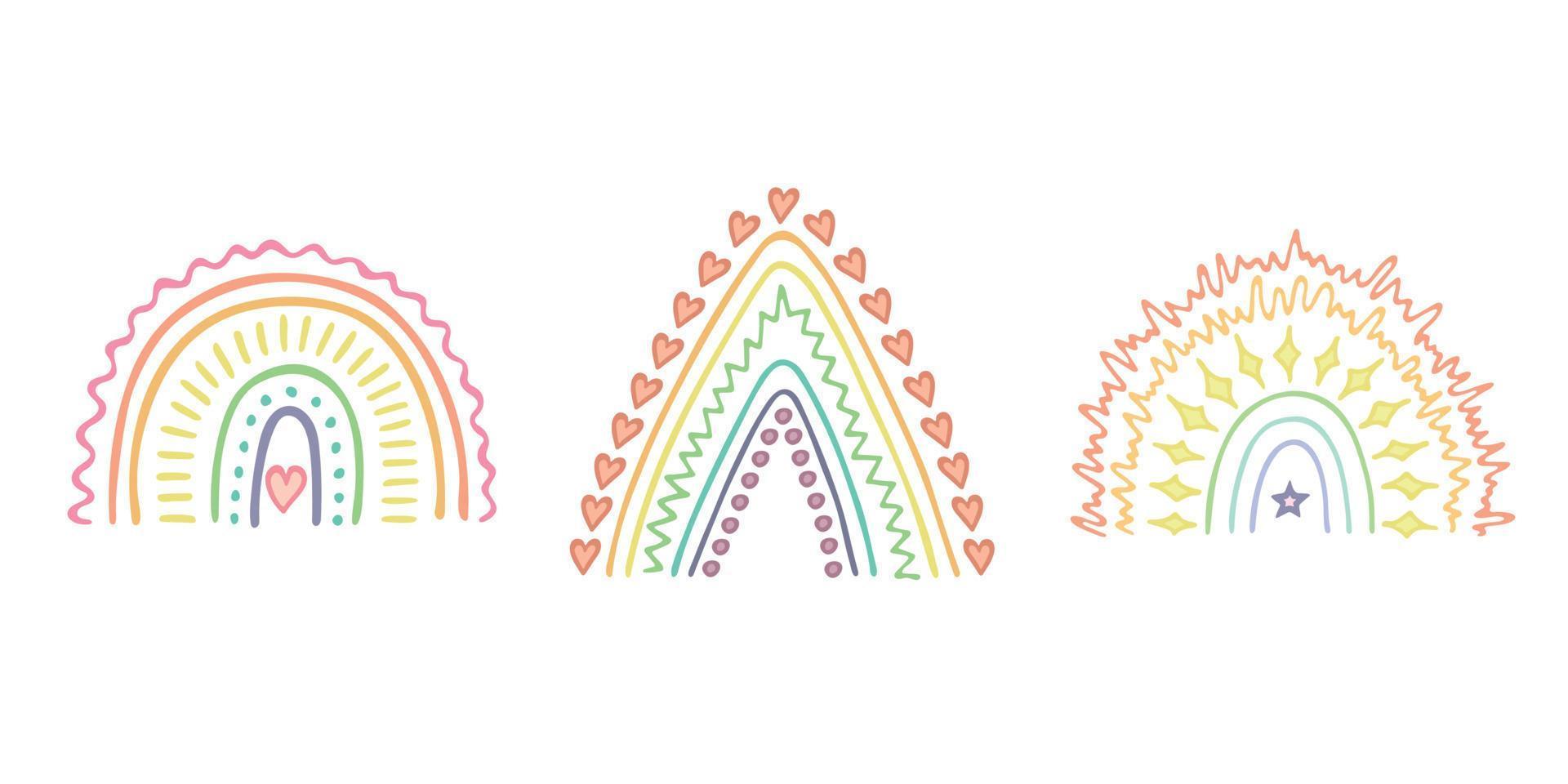 Hand drawn pastel rainbow set. Decorative elements for greeting card, kids and baby clothes print vector