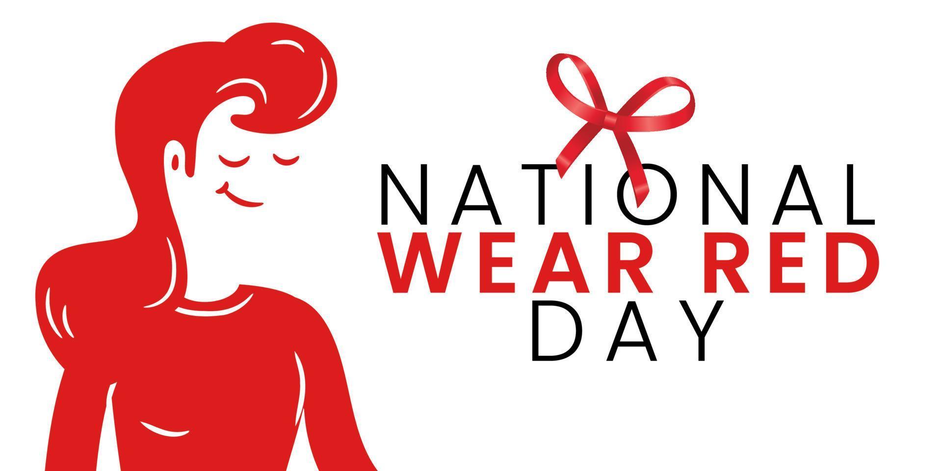 National wear red day vector banner. Beautiful woman wearing red dress. American Heart Association bring attention to heart disease. National wear red day February 7 concept.
