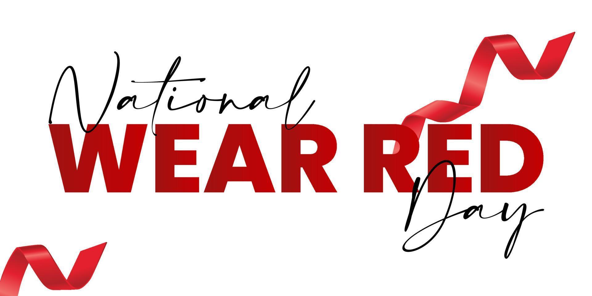 National wear red day isolated on white background with red ribbons. Raster illustration for February 2 date holiday. Great for invitation, card, product packaging, header, poster. vector