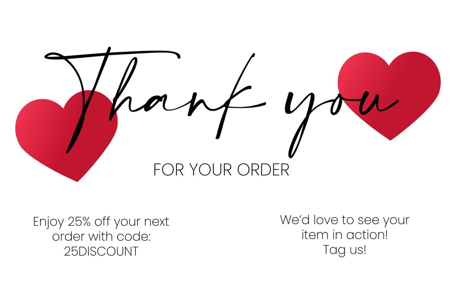 Thank you for your order vector card, creative template. Graphic design elements for thank you cards for customers made purchase online. Hahdwritten text, red heart.