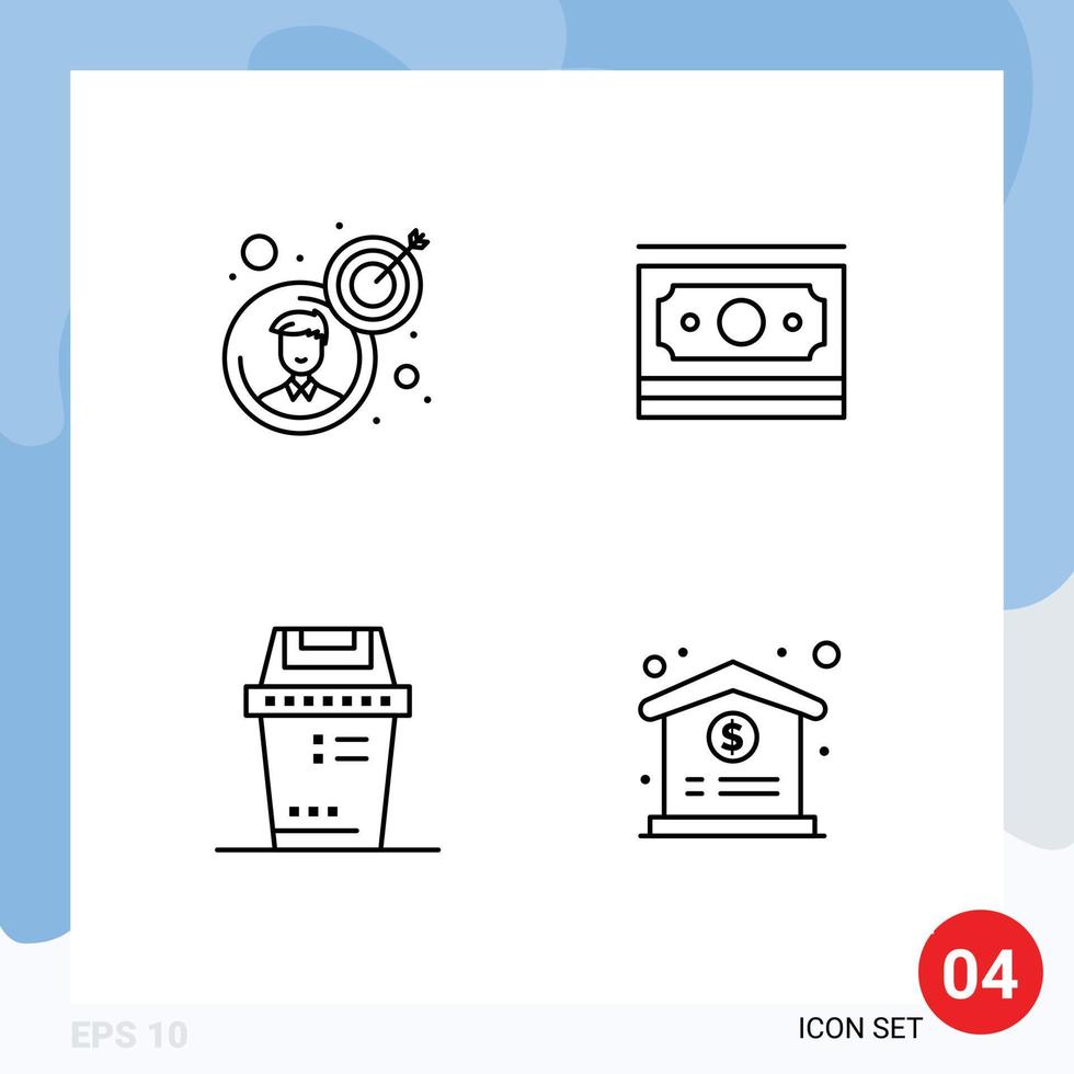 Set of 4 Modern UI Icons Symbols Signs for business equipment target money trash Editable Vector Design Elements