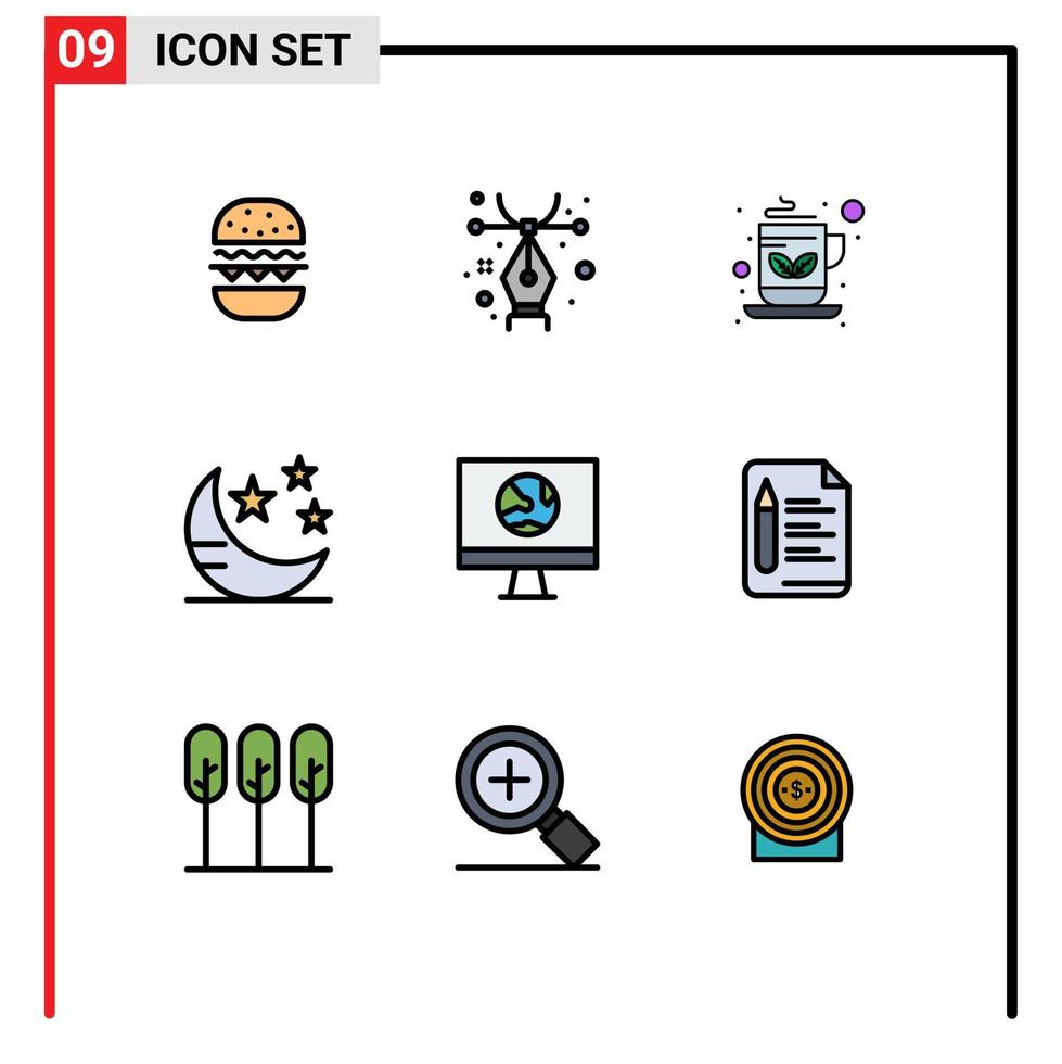 Set of 9 Vector Filledline Flat Colors on Grid for connect app coffee star night Editable Vector Design Elements