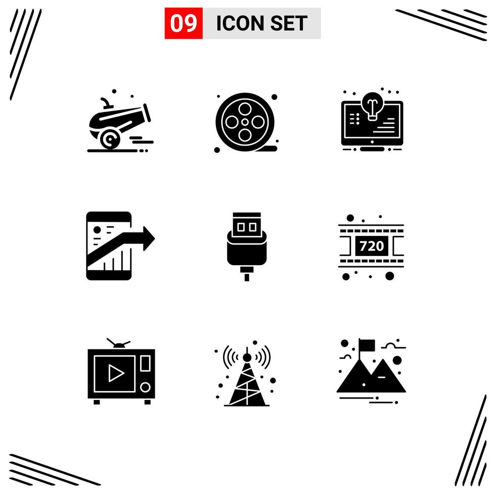 9 Thematic Vector Solid Glyphs and Editable Symbols of cable seo document marketing arrow Editable Vector Design Elements