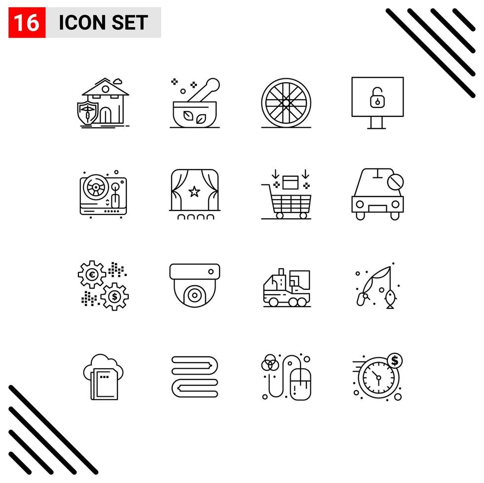 Editable Vector Line Pack of 16 Simple Outlines of play wheel soup steering lock Editable Vector Design Elements