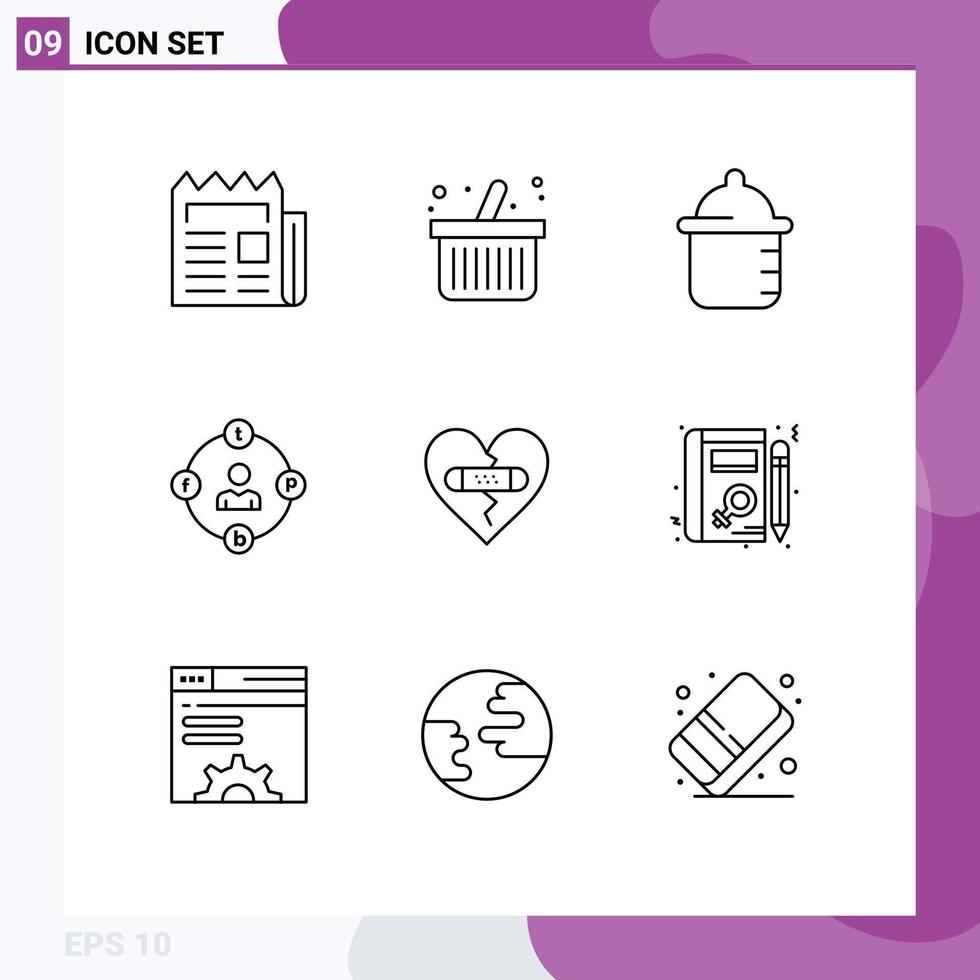 Group of 9 Modern Outlines Set for emotions procrastination baby media communication Editable Vector Design Elements