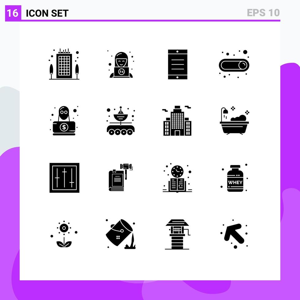 User Interface Pack of 16 Basic Solid Glyphs of robbery hacker mobile detective switch Editable Vector Design Elements