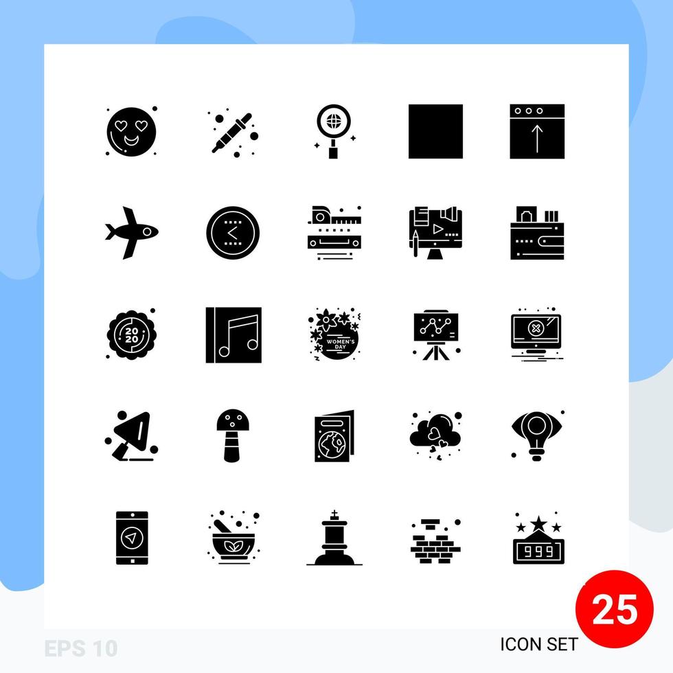 Pack of 25 Modern Solid Glyphs Signs and Symbols for Web Print Media such as arrow flight research upload import Editable Vector Design Elements