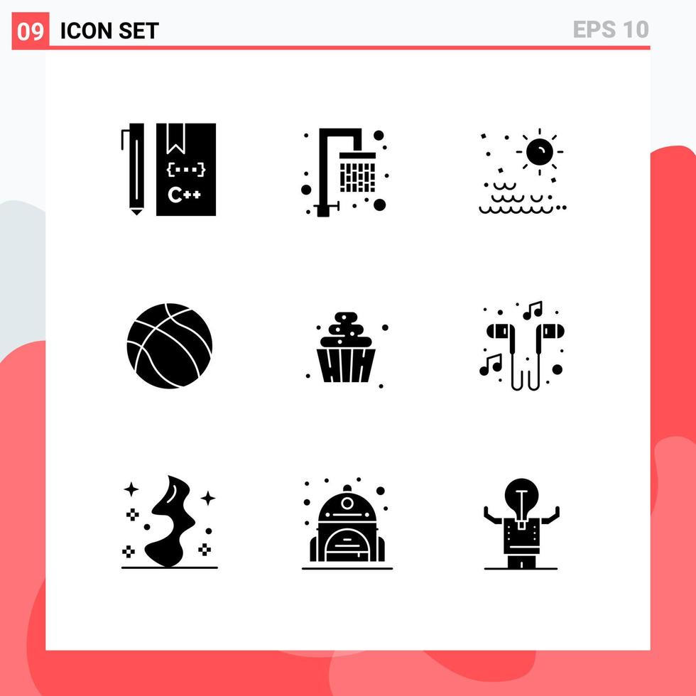 9 User Interface Solid Glyph Pack of modern Signs and Symbols of food sport sea nba ball Editable Vector Design Elements