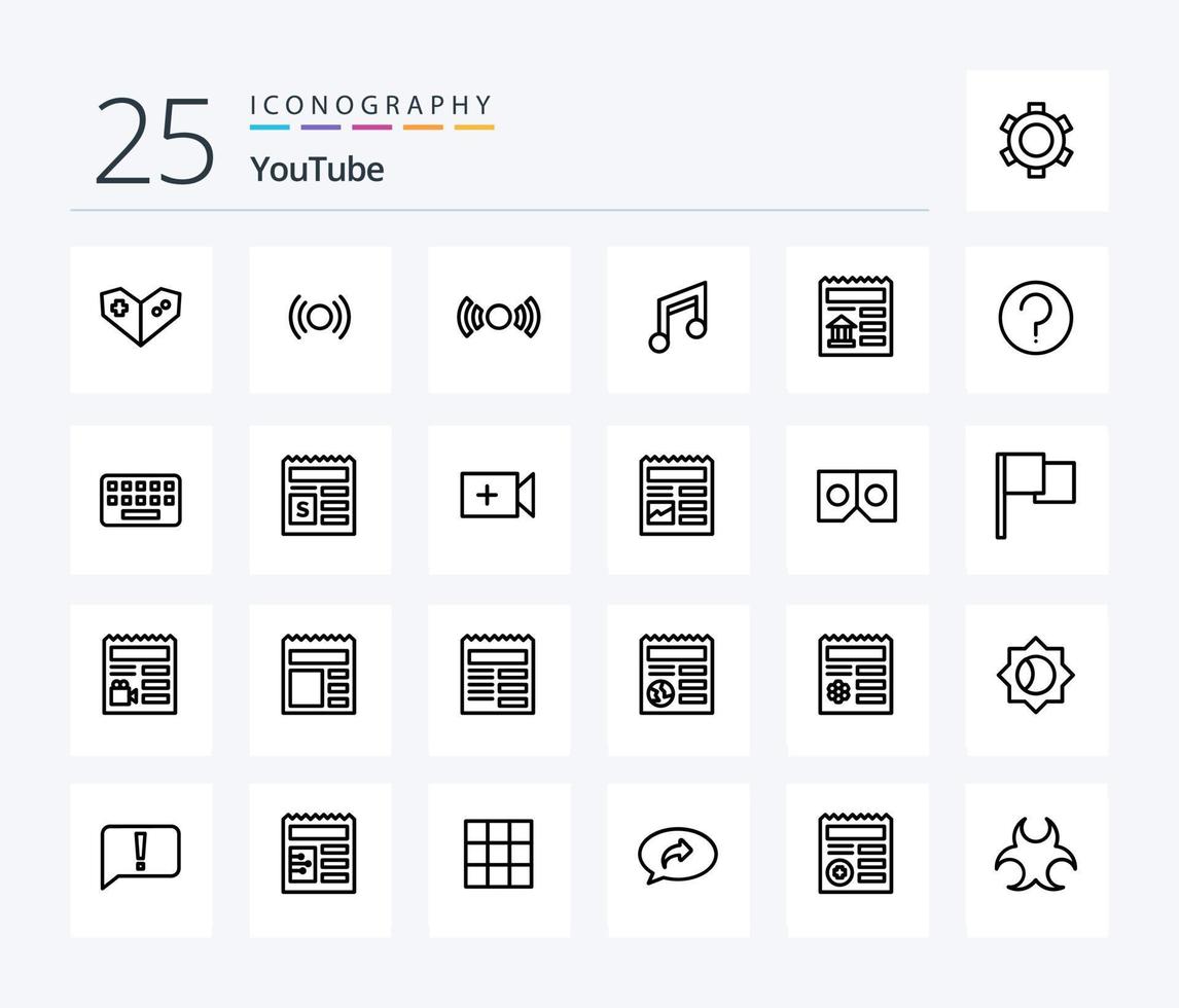 paquete de iconos de 25 líneas de youtube que incluye básico. ui aplicación documento. música vector