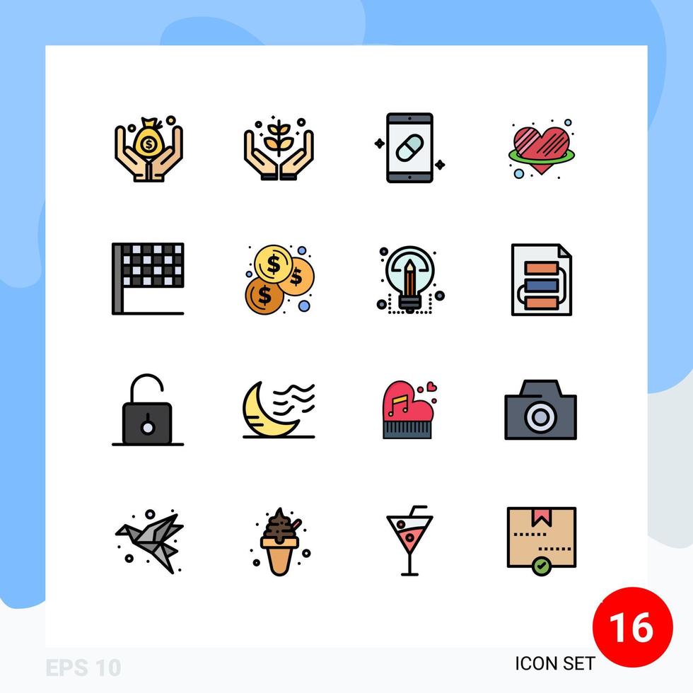Universal Icon Symbols Group of 16 Modern Flat Color Filled Lines of flag love mobile heart pills Editable Creative Vector Design Elements