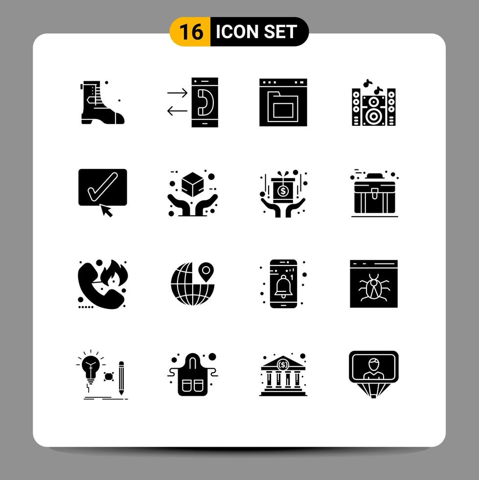 Pictogram Set of 16 Simple Solid Glyphs of black speaker browser sound interface Editable Vector Design Elements