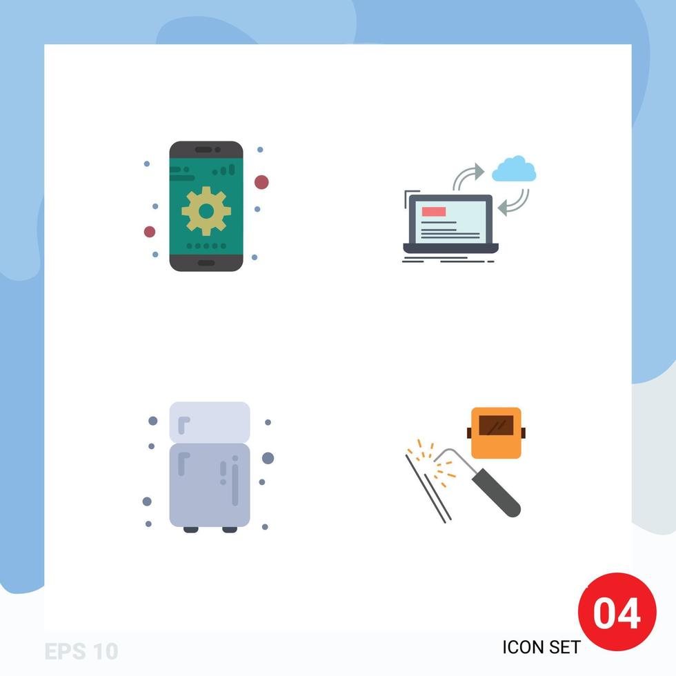 conjunto de pictogramas de 4 iconos planos simples de datos de dispositivos electrónicos de engranajes refrigerador elementos de diseño de vectores editables