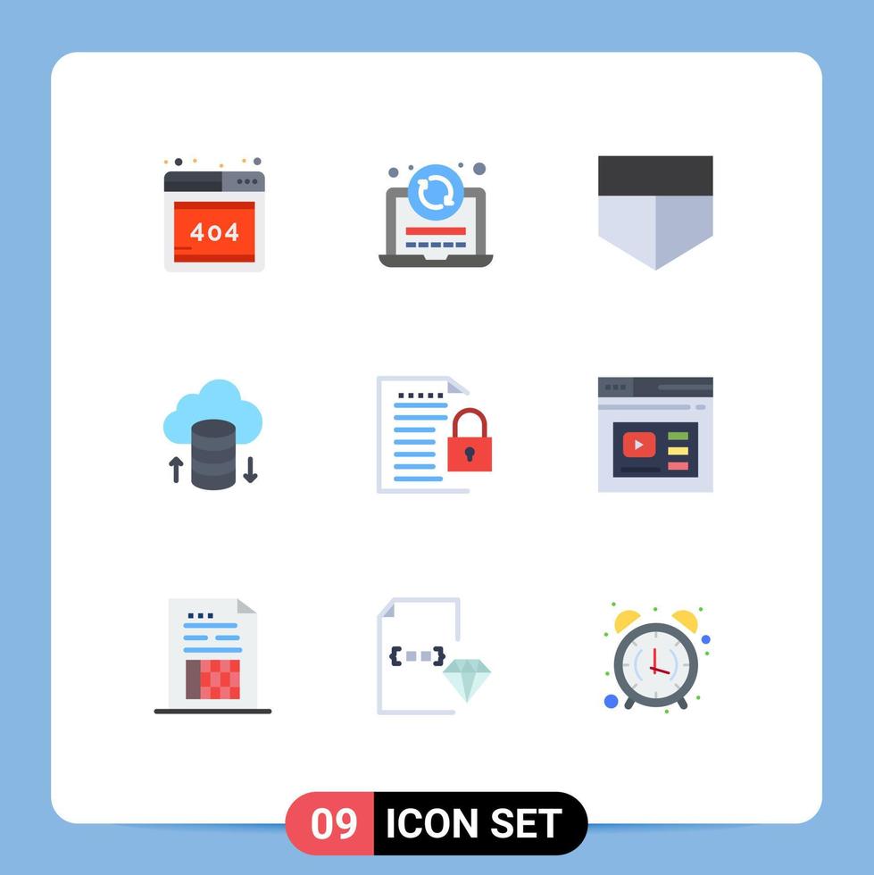 Pack of 9 Modern Flat Colors Signs and Symbols for Web Print Media such as internet padlock shield file data Editable Vector Design Elements