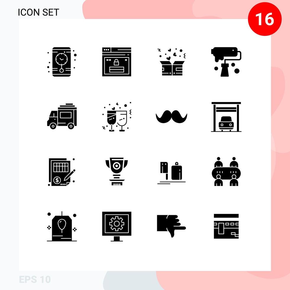 Modern Set of 16 Solid Glyphs and symbols such as design creative charity brush love Editable Vector Design Elements