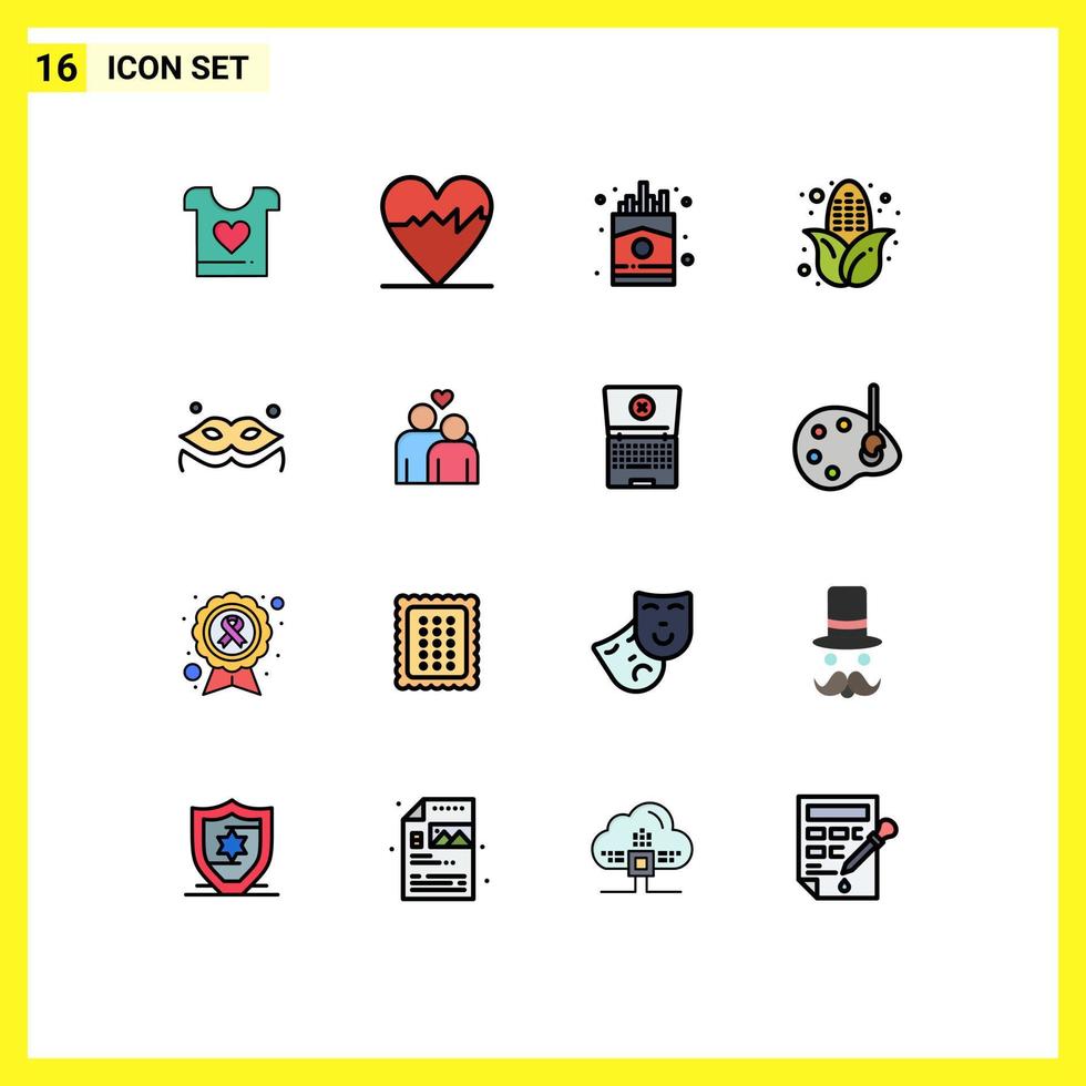 16 Universal Flat Color Filled Line Signs Symbols of couple mask fast costume corn Editable Creative Vector Design Elements