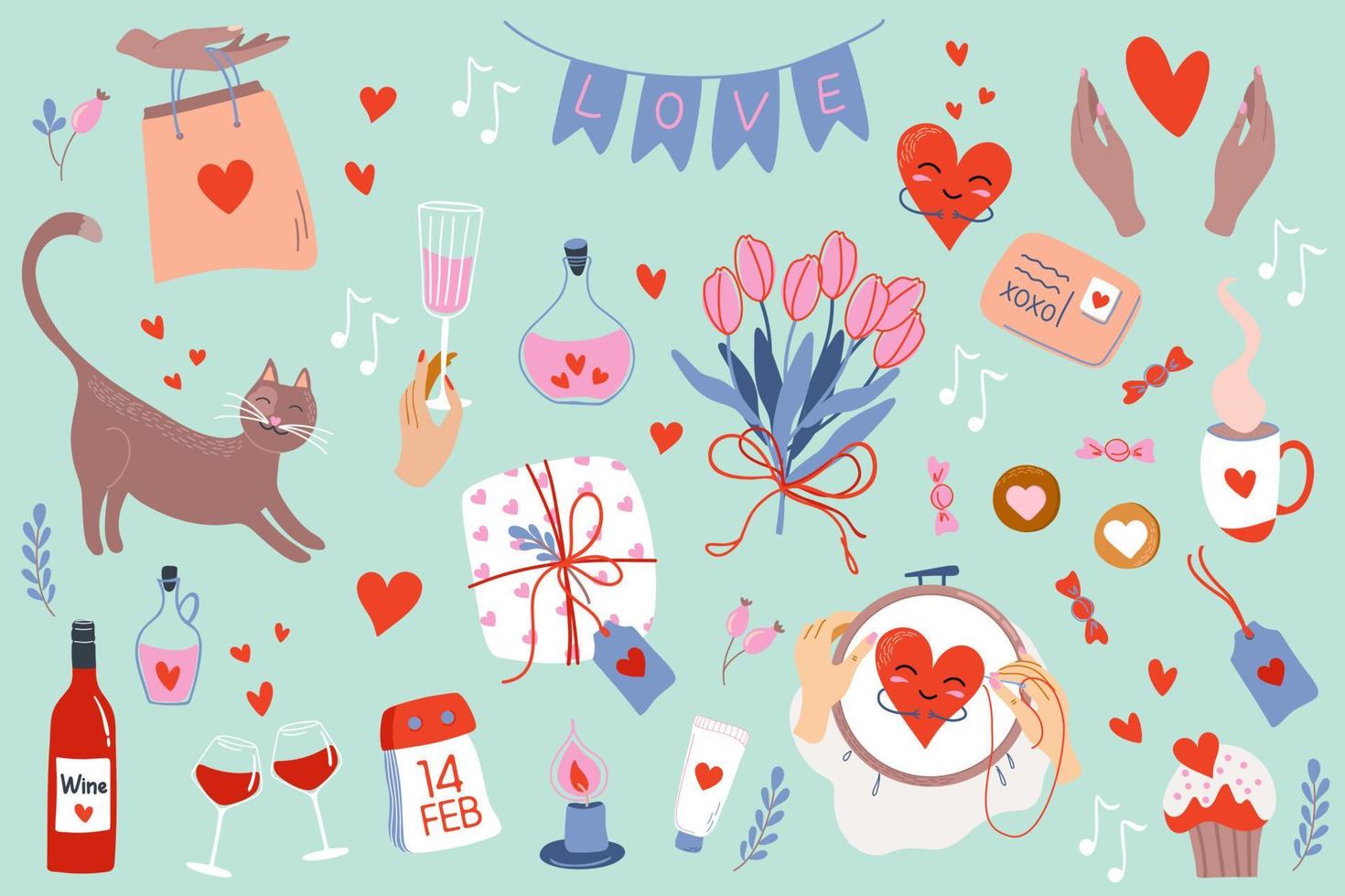 Valentines Day element set. Different romantic objects. Vector clip art for scrapbooking, greeting card, party invitation, gift tags.