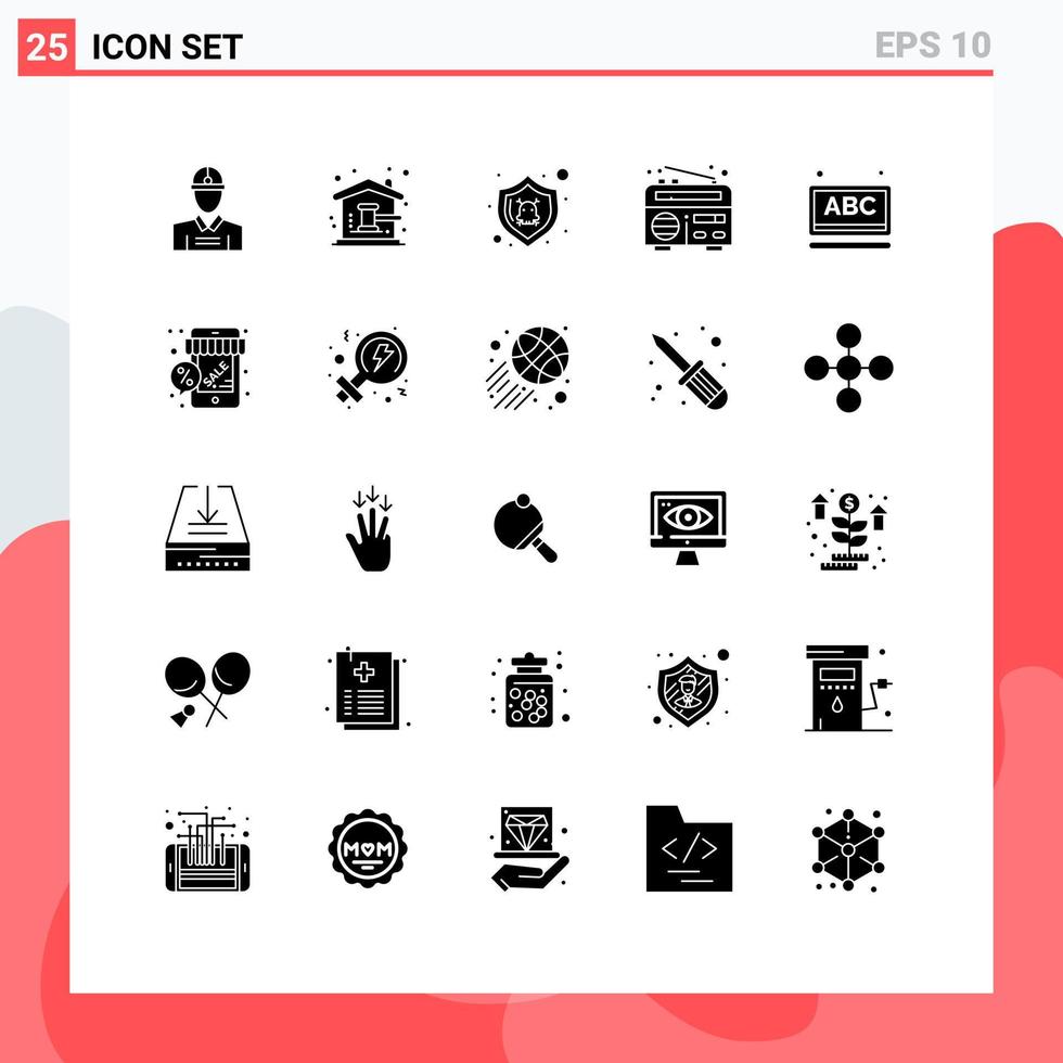 Set of 25 Commercial Solid Glyphs pack for learning radio house news shield Editable Vector Design Elements