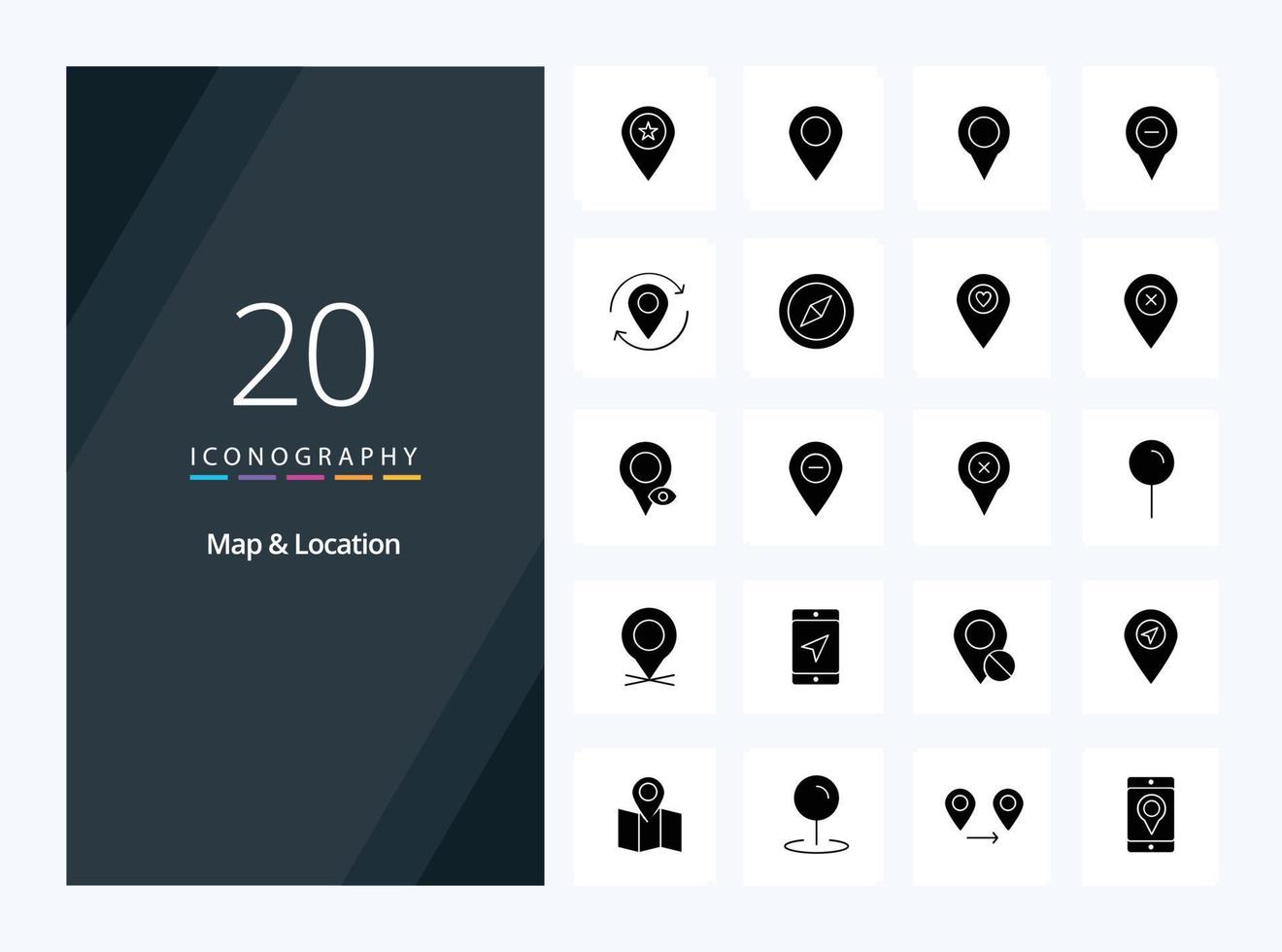 20 icono de glifo sólido de ubicación de mapa para presentación vector