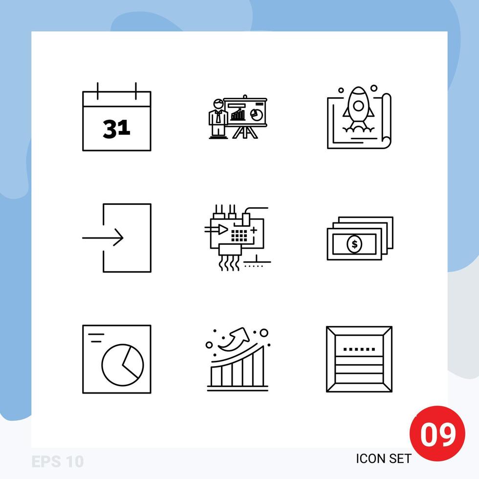 Group of 9 Modern Outlines Set for electronics assemble launch input arrow Editable Vector Design Elements