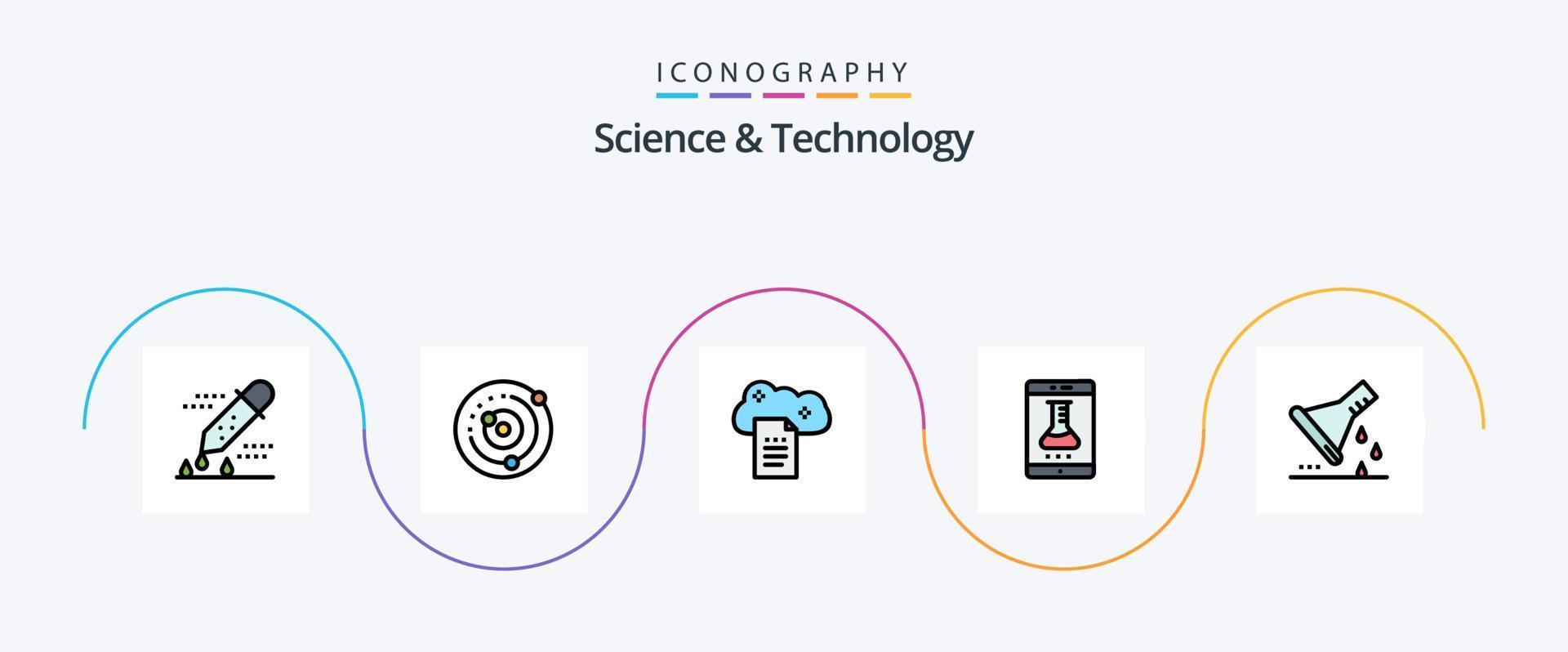 Science And Technology Line Filled Flat 5 Icon Pack Including online laboratory. lab app. solar system. sky docs. file storage vector