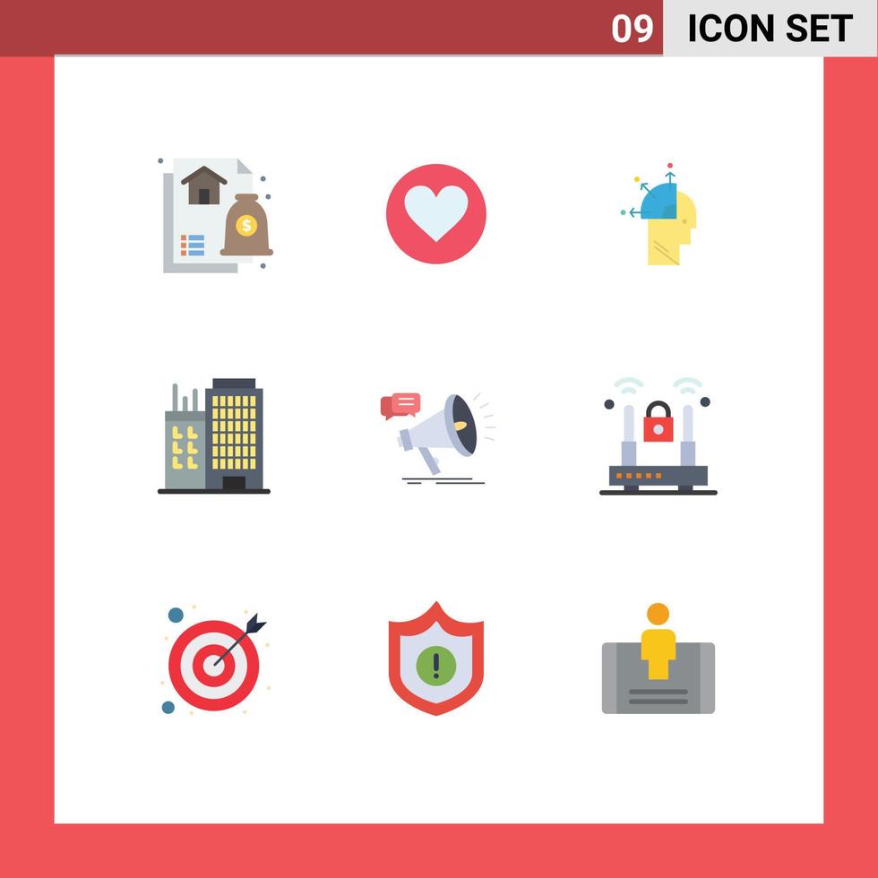 Mobile Interface Flat Color Set of 9 Pictograms of megaphone real user office building Editable Vector Design Elements