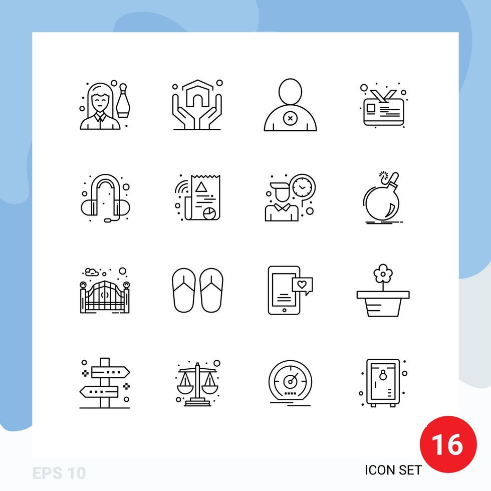 grupo universal de símbolos de iconos de 16 contornos modernos de elementos de diseño de vectores editables de tarjeta de tarjeta de estudiante de seguro de oído de sonido